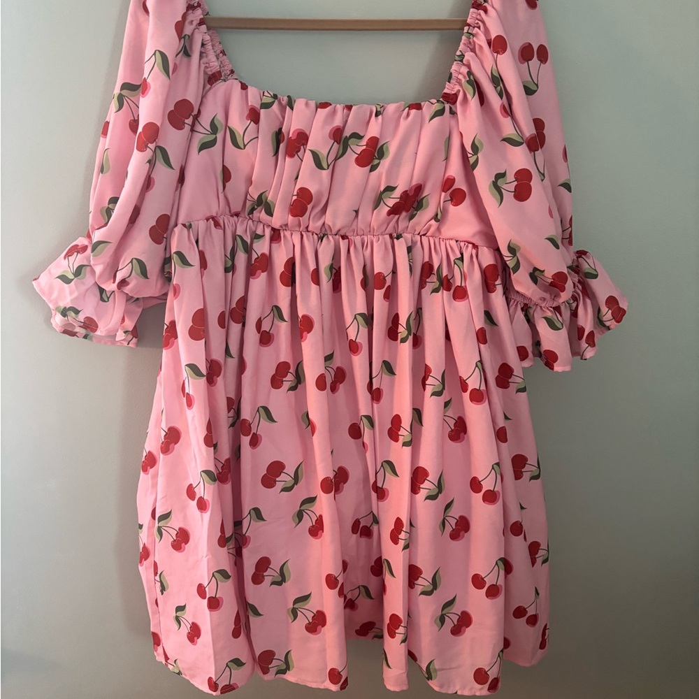 Smak Parlour Pink Cherry Print Babydoll Dress